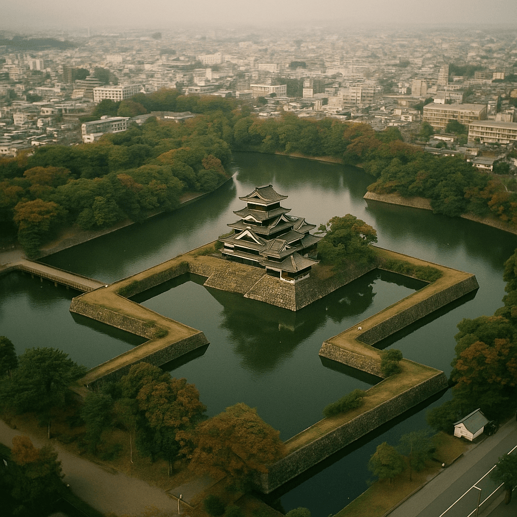 An aerial view of a traditional Japanese castle surrounded by a moat, representing protection and strategy.